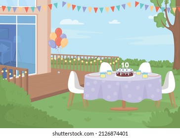 Ilustración vectorial de color plano de cumpleaños para niños al aire libre. Niño de 10 años. Pastel de cumpleaños y globos de helio. Evento de verano. Un paisaje de dibujos animados simples en 2D con patio interior decorado en segundo plano