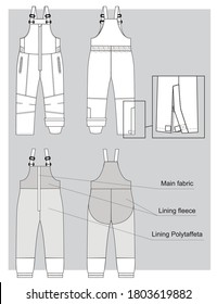 Outdoor kids overall front, back and lining technical sketch.