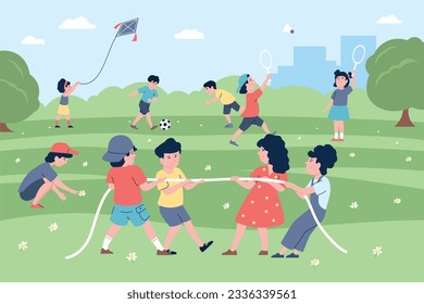 Kinder im Freien spielen Kriegsfisch, Kinder spielen im Park mit Drachen und Ball. Teamwork-Spiel, Seil für kleine Kinder ziehen. Cartoon-Aktivität der jüngsten Vektorszene