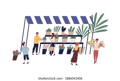 Outdoor kiosk or stall with potted plant and cut flowers vector flat illustration. Male florist work at street shop selling houseplants and bouquets isolated. People walking at local floral market