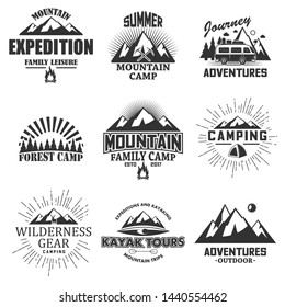 Outdoor label, emblem, badge and logo set, vector monochrome illustration in vintage style. Mountain expedition, journey adventures, camping, mountain trips, kayak tours, forest camp lettering.