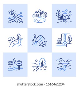 Outdoor Landmarks, Nature Sites, Recreational Park, Base Camp Tents Area, Summer Trail Walking, Hiking Or Tracking, Ecological Pathway, Waterfall View, Mountain Pass, Vector Line Icon Set