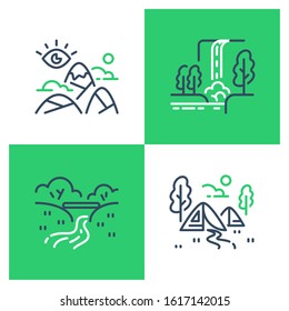 Outdoor Landmarks, Nature Sites, Recreational Park, Summer Trail Walking, Hiking Or Trekking, Ecological Path, Mountains Viewpoint, Visit Waterfall, Camping Tents, Vector Line Icon Set