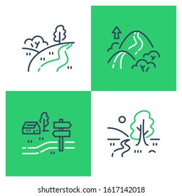 Outdoor landmarks, nature sites, recreational park, summer trail walking, hiking or trekking, ecological path, vector line icon set