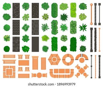 Outdoor Landscape Elements. Architectural, Landscaping City Park Trees, Benches, Paths, Tables And Chairs Vector Illustration Set. City Landscape Items Top View. Stone, Wooden Fences For Outside Plan