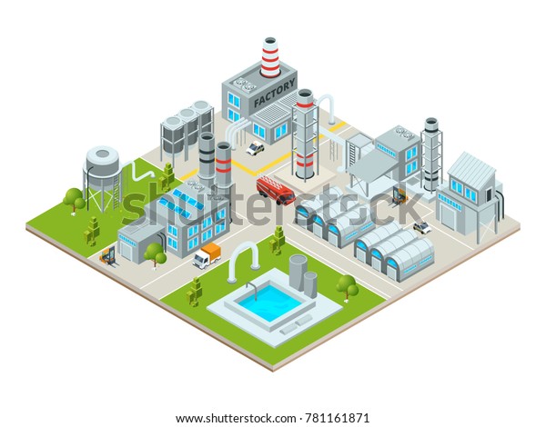 Outdoor landscape with factory buildings.\
Isometric pictures. Factory building and industrial area,\
production construction. Vector\
illustration