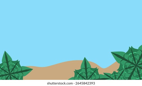 An outdoor landscape with lush green foliage bordering a clear blue sky and sandy ground. for tropical, nature, or eco friendly themes, offering ample space for text in presentations or banners