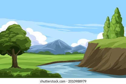 Outdoor landscape with river and mountain