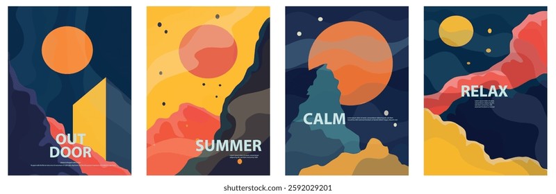outdoor landscape, tourism poster design, minimalist flat vector illustration, mix feeling of calm, energy, relax, lonely