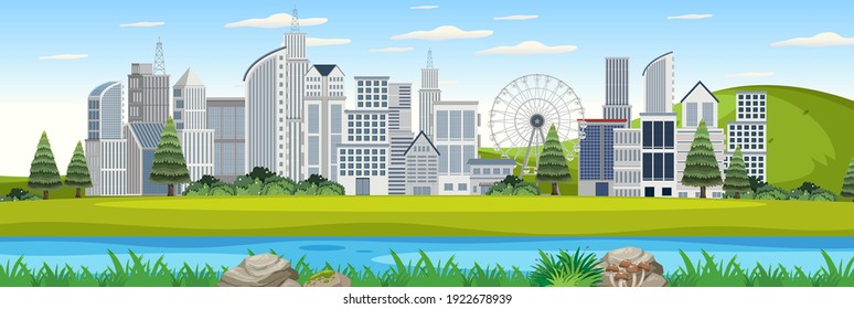 Outdoor landscape with urban view from the park illustration