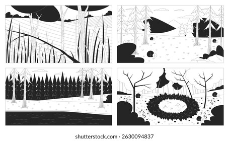 Outdoor landscapes line illustration backdrops set. Grassland, pine trees forest hills, woods clearing. Woodland, wilderness 2D ink outline monochrome backgrounds. Lineart vector collection