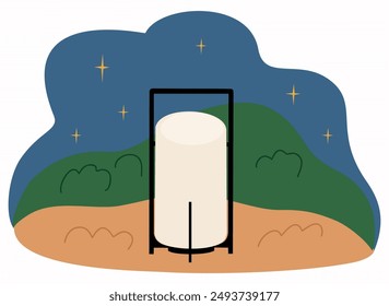 Outdoor lantern. Lighting on stand lamp. Park, patio, garden decor. Design element for interior, landscape design. Vector hand drawn flat illustration.