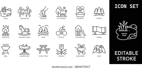 Outdoor leisure activities and park elements. Pond, recreation, running, city forest, fountain, forest, campfire, rocking horse, camp, bicycle, playground, tunnel. Editable stroke icons.