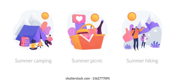 Outdoor leisure activity flat icons set. Backpacking and trekking holiday on nature. Summer camping, summer picnic, summer hiking metaphors. Vector isolated concept metaphor illustrations.