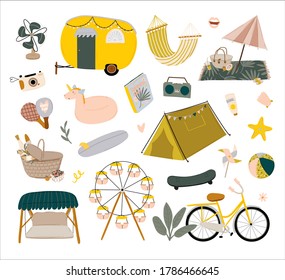 Outdoor leisure activity set. Backpacking and trekking holiday on nature. Summer camping, summer picnic, summer relax. Vector flat icons isolated concept with inspirational typography quote.