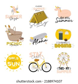 Outdoor leisure activity set. Backpacking and trekking holiday on nature. Summer camping, summer picnic, summer relax. Vector flat icons isolated concept with inspirational typography quote.