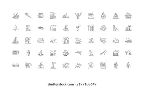 Outdoor leisure concept illustration, linear icons, line signs set, vector collection