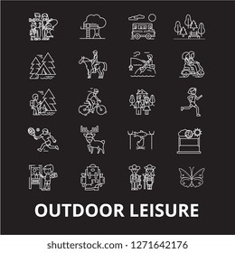 Outdoor leisure editable line icons vector set on black background. Outdoor leisure white outline illustrations, signs, symbols