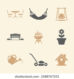 Outdoor Leisure and Garden Icons Set. Editable vector icon. Perfect for web and app interfaces, presentations, info graphics, etc. in a Beige and Gray Color Scheme.
