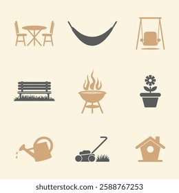 Outdoor Leisure and Garden Icons Set. Editable vector icon. Perfect for web and app interfaces, presentations, info graphics, etc. in a Beige and Gray Color Scheme.
