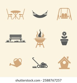 Outdoor Leisure and Garden Icons Set. Editable vector icon. Perfect for web and app interfaces, presentations, info graphics, etc. in a Beige and Gray Color Scheme.
