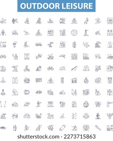 Outdoor leisure line icons, signs set. Camping, Hiking, Fishing, Kayaking, Biking, Swimming, Boating, Climbing, Skating outline vector illustrations.