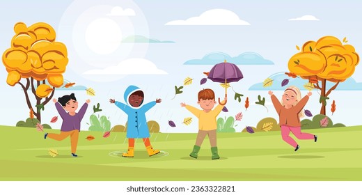 Outdoor leisure park activities illustration with a group of different children enjoying an autumn
