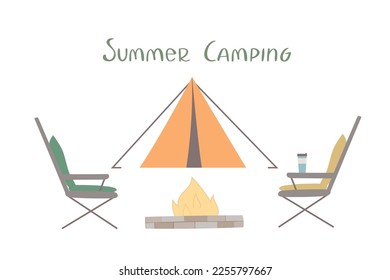 Outdoor Leisure time at nature. Campsite with bonfire, chairs, tent vector illustration.