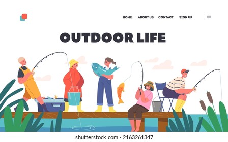 Outdoor Life Landing Page Template. Children Fishermen Having Fun on Pond, Little Boys and Girls Fishing with Rods on Wooden Pier. Kids Characters Leisure on Nature. Cartoon People Vector Illustration