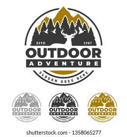 Outdoor life logo, deer forest and mountain peak, adventure emblem