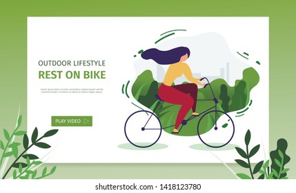 Outdoor Lifestyle Landing Page Presents Rest on Bike. Pretty Woman with Long Hair Cycling. Active and Healthy Recreation. Advertising Template with Offer Play Video. Vector Flat Cartoon Illustration