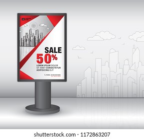 outdoor Lightbox template design, 3d Realistic construction for outdoor advertising on city background, vector template design