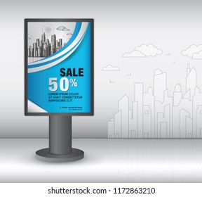 outdoor Lightbox template design, 3d Realistic construction for outdoor advertising on city background, vector template design