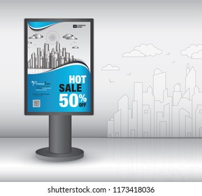 outdoor Lightbox template design, 3d Realistic construction for outdoor advertising on city background, vector template design