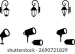 Outdoor lighting icons set. Devices for illumination of porch, walkway, path, garden, yard. Street lamp line icons collection. Park lights. Flat illustration Isolated on white background.