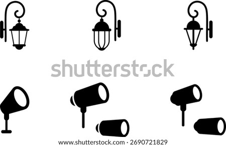 Outdoor lighting icons set. Devices for illumination of porch, walkway, path, garden, yard. Street lamp line icons collection. Park lights. Flat illustration Isolated on white background.