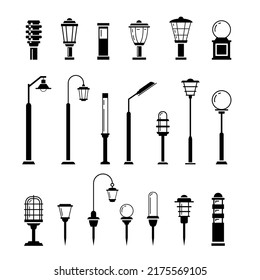 Outdoor lights monochrome black line art icon collection vector illustration. Street retro road lamp set for aristocratic exterior decorative design isolated. Elegant ornamental illumination lantern