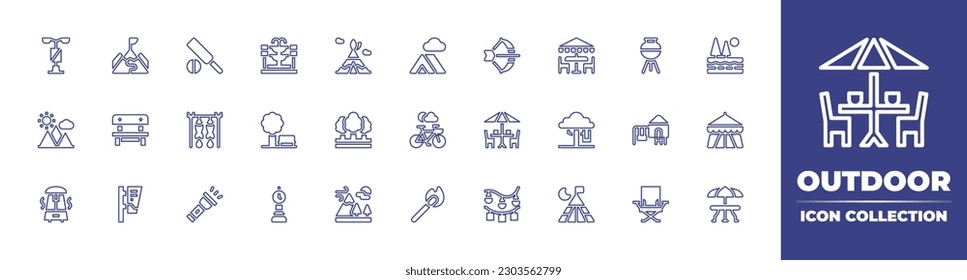 Outdoor line icon collection. Editable stroke. Vector illustration. Containing streetlight, hiking, cricket bat, fountain, teepee, tent, bow, outdoor, bbq grill, nature, mountain, bench, grilled food.