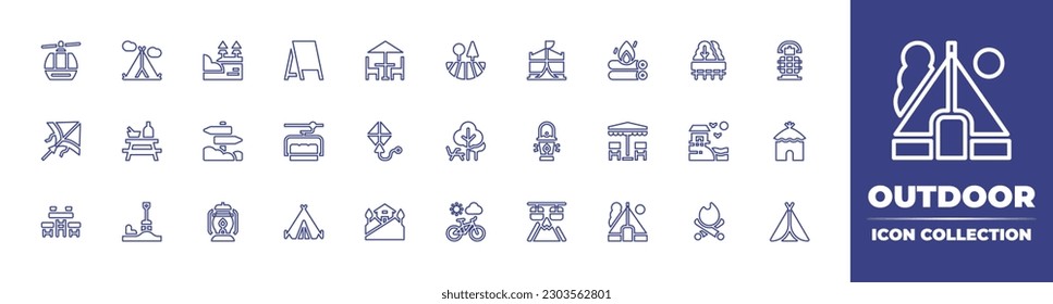 Outdoor line icon collection. Editable stroke. Vector illustration. Containing cable car, tent, montain, banner, patio, forest, bonfire, park, oil lamp, kite, picnic table, directional sign, ski.