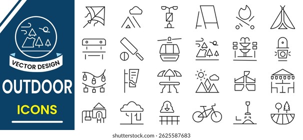 Outdoor line icon set. Park, Travel simple line icon set. Collection of  campfire, hiking, forest, barbecue, camp Trailer and more. Outdoor icon editable stroke Vector illustration.