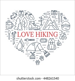 Outdoor line icons in the shape of heart. Hiking and camping love concept. Summer tourism items. Travel gear outline symbols with text.