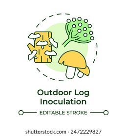 Outdoor log inoculation multi color concept icon. Seasonal mushroom farming. Fungiculture. Mushroom cultivation. Round shape line illustration. Abstract idea. Graphic design. Easy to use in article