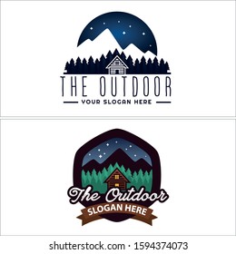 The outdoor logo with blue navy black moon star mountain hill tree pine home illustration vector suitable for travel hotel rental cabin company