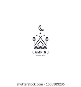 Outdoor Logo of Camping And Adventure. Travel, Vacation, Forest, Line art, Retro Vector Illustration
