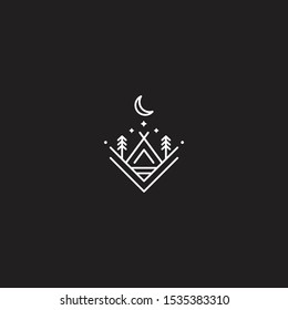 Outdoor Logo of Camping And Adventure. Travel, Vacation, Forest, Line art, Retro Vector Illustration