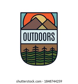 Outdoor logo emblem template, adventure label design with trees. Unusual line art retro style sticker. Stock vector badge isolated