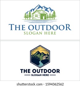 The outdoor logo with mountain tree home hut illustration vector suitable for resort nature vacation recreation travel hotel rental cabin company