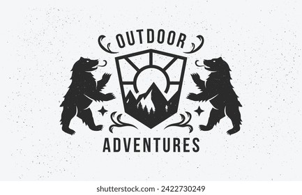 Outdoor logo, poster. Outdoor adventures trendy logo with Heraldic Bear and mountain silhouette. Vector emblem template.