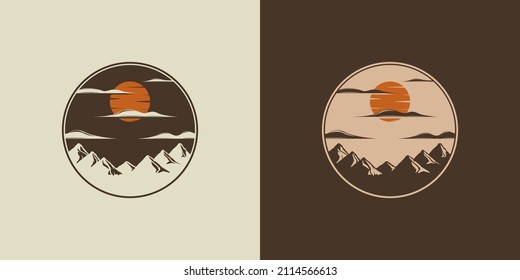 Outdoor Logo Vector Illustration Design. Exclusive Vintage Style Mountain Logo Design. Vintage Old Style Adventure Logo Template. Sun and Mountain Logo Concept Inspiration