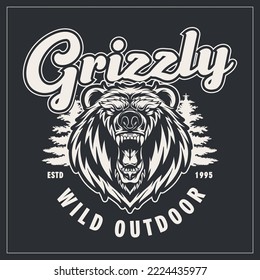 Outdoor logo with vintage black and white illustration and a head of grizzly bear